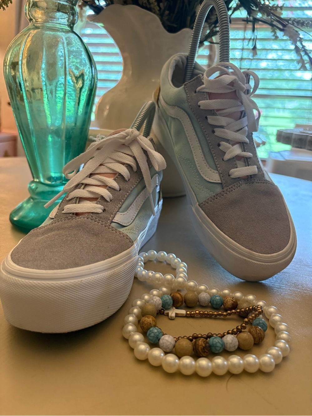 Vans Women’s Low-Top Sneakers in Light Gray and Mint